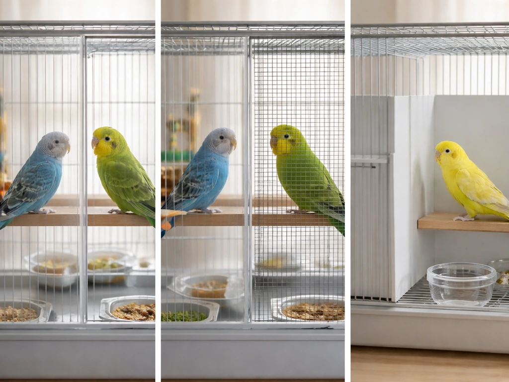 Three adjacent bird setups showing divider placement for separation, courtship, and quarantine/health