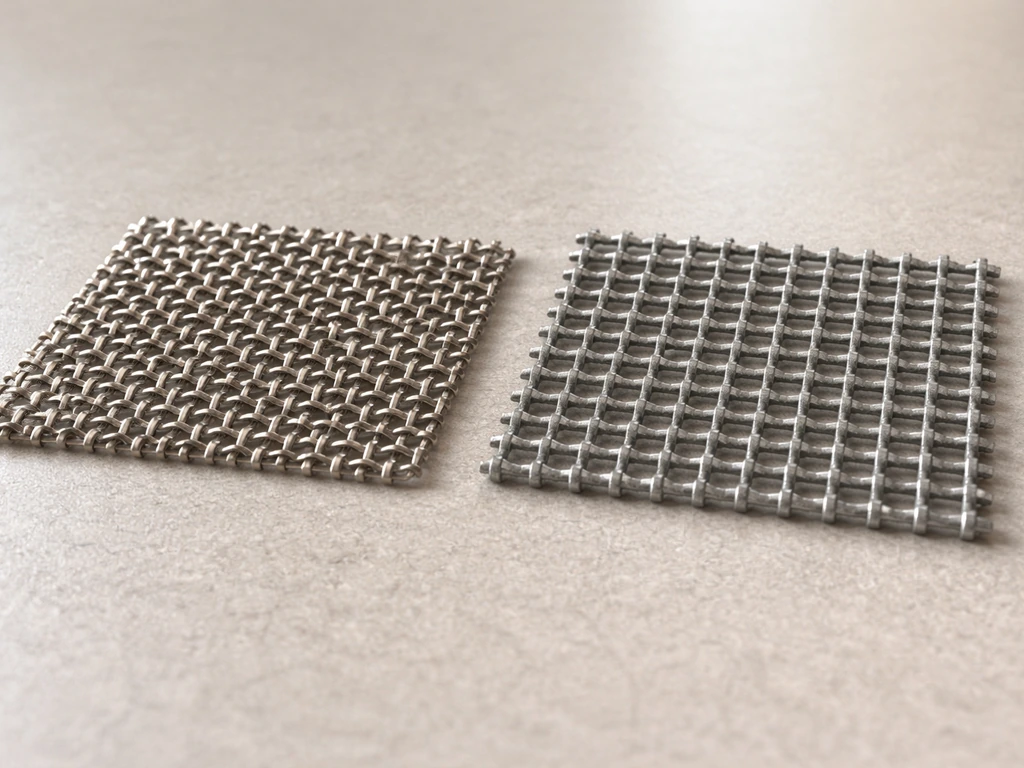 Side-by-side close-up of stainless steel mesh and dull galvanized hardware cloth on a tabletop.