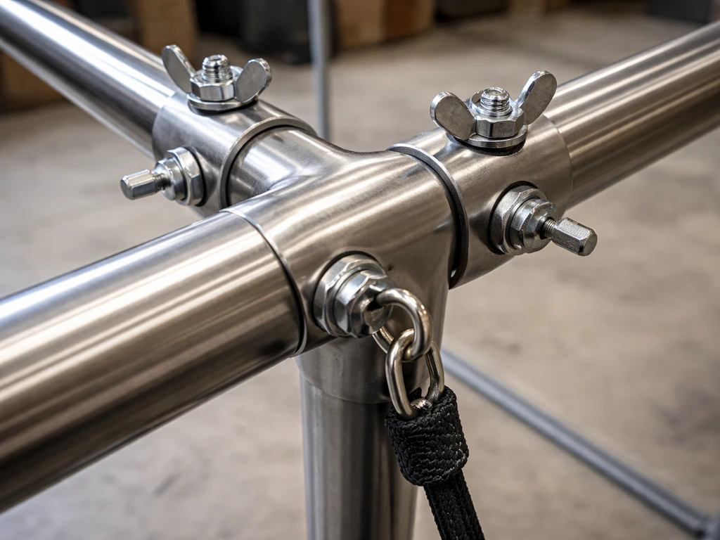 Close-up of stainless steel bolts, wing nuts, and a J-clip securing cable at a metal frame joint.