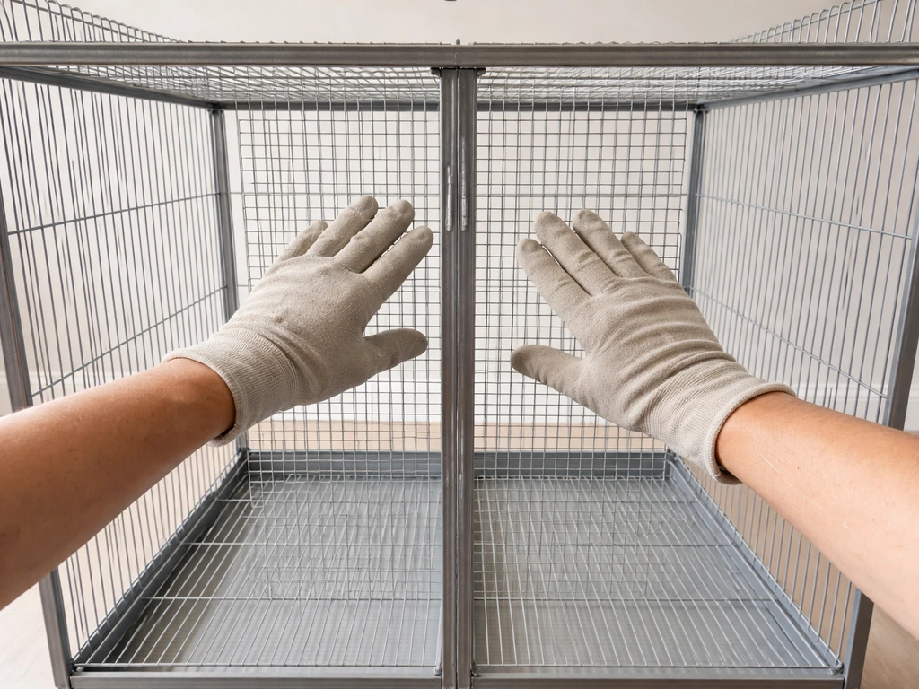 Empty bird cage with a mounted divider as gloved hands press the mesh to check secure fit.