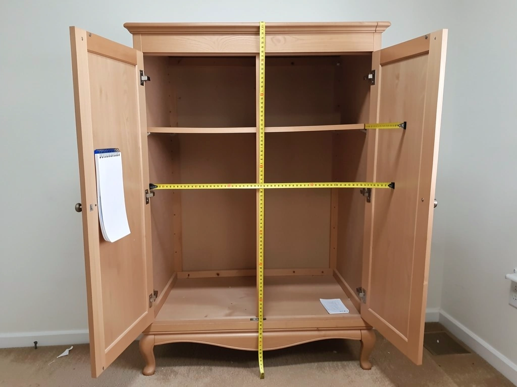 Measuring an armoire’s interior to confirm minimum cage dimensions