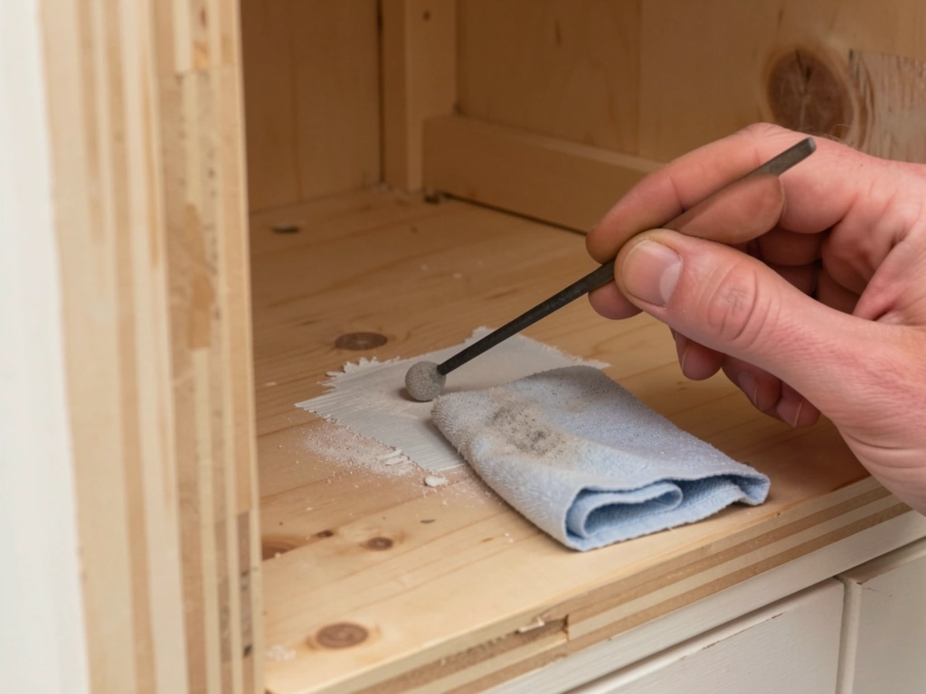 Using a lead test swab on an armoire interior before sanding