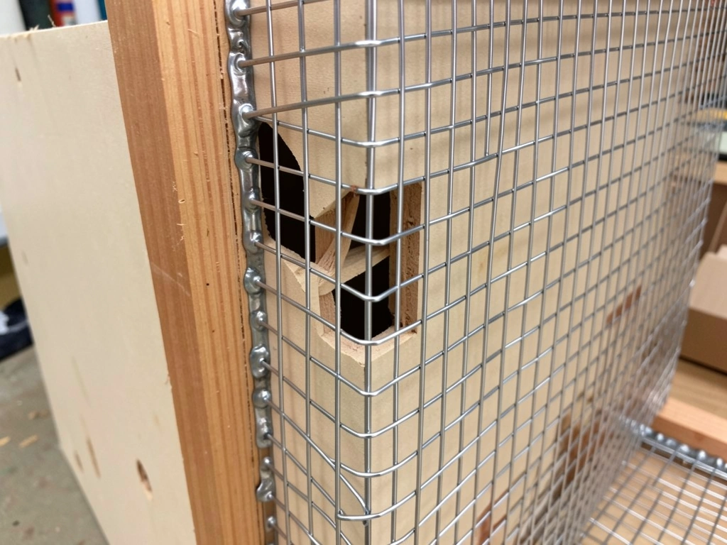 Welded stainless mesh fitted to a framed armoire opening