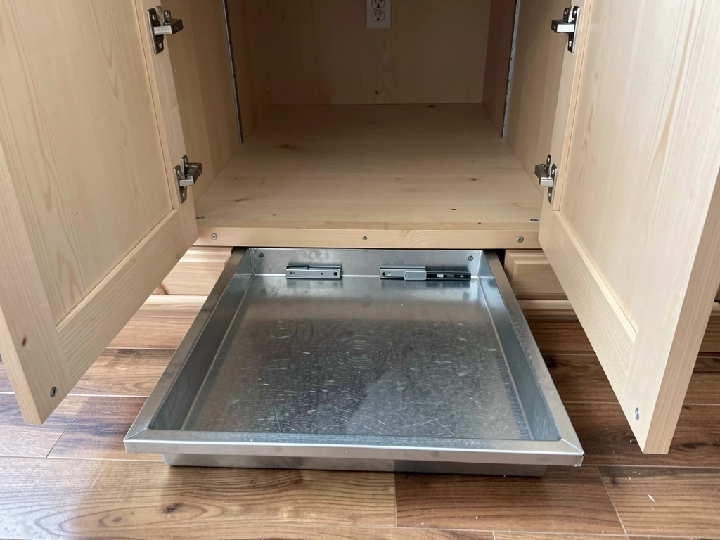 Pull-out floor tray setup inside an armoire bird cage