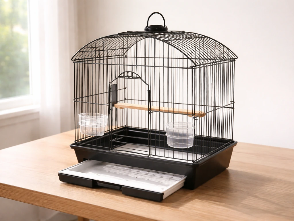 Fully assembled bird cage on a clean tabletop, with door and tray area clearly visible.