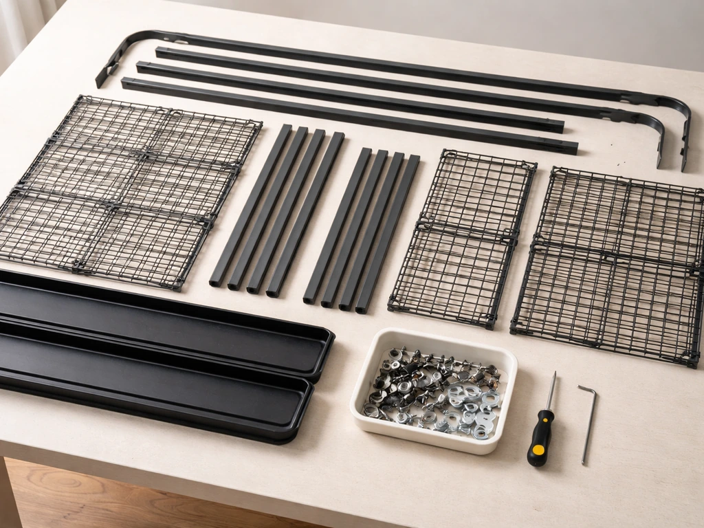 Overhead view of neatly arranged Zeny cage parts and small tools on a clean work surface
