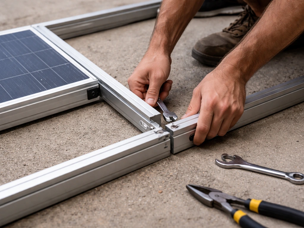 Close-up of hands loosening a bolt on a base frame while a panel sits misaligned then flush.