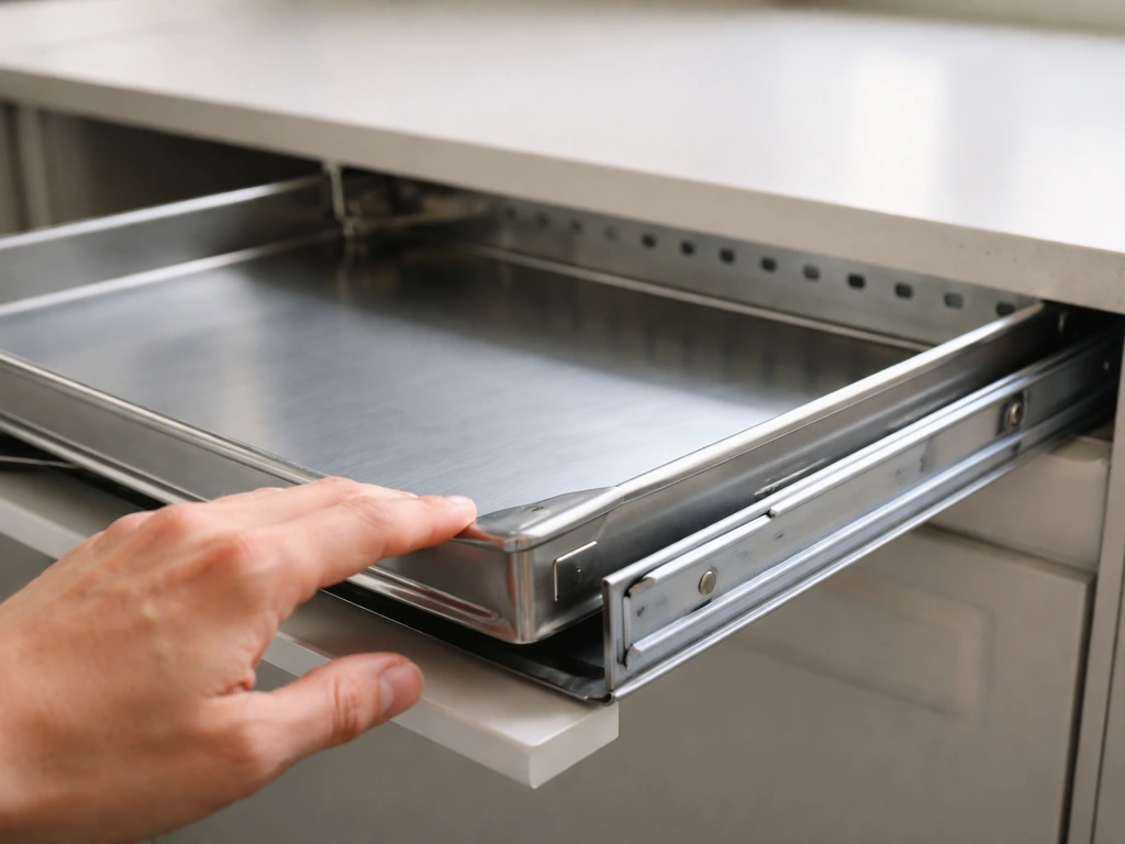 Kitchen drawer tray set on a flat table, with gently pressed corners and visible channel rails.