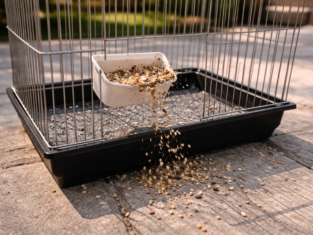 A shallow bird feeder cup flings seed over the rim with loose seed around the cage base.