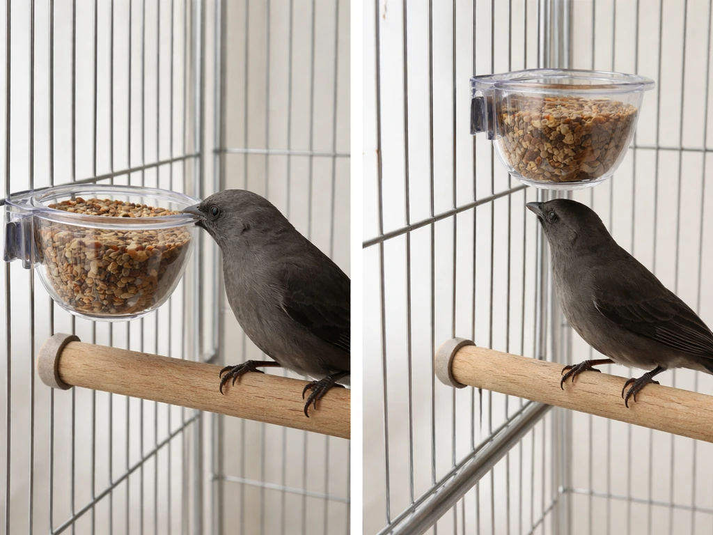 Split view: feeder at proper perch height vs too-high awkward mount angle for a small bird.