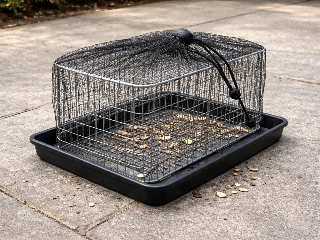 Close view of a wire cage with mesh seed guard and tray liner catching falling debris.
