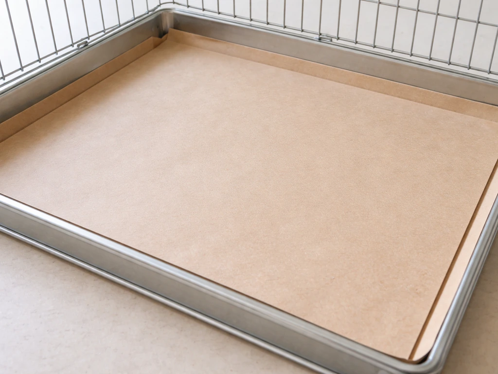 Close-up of a snug paper cage tray liner and insert covering a bottom tray to prevent seed spills