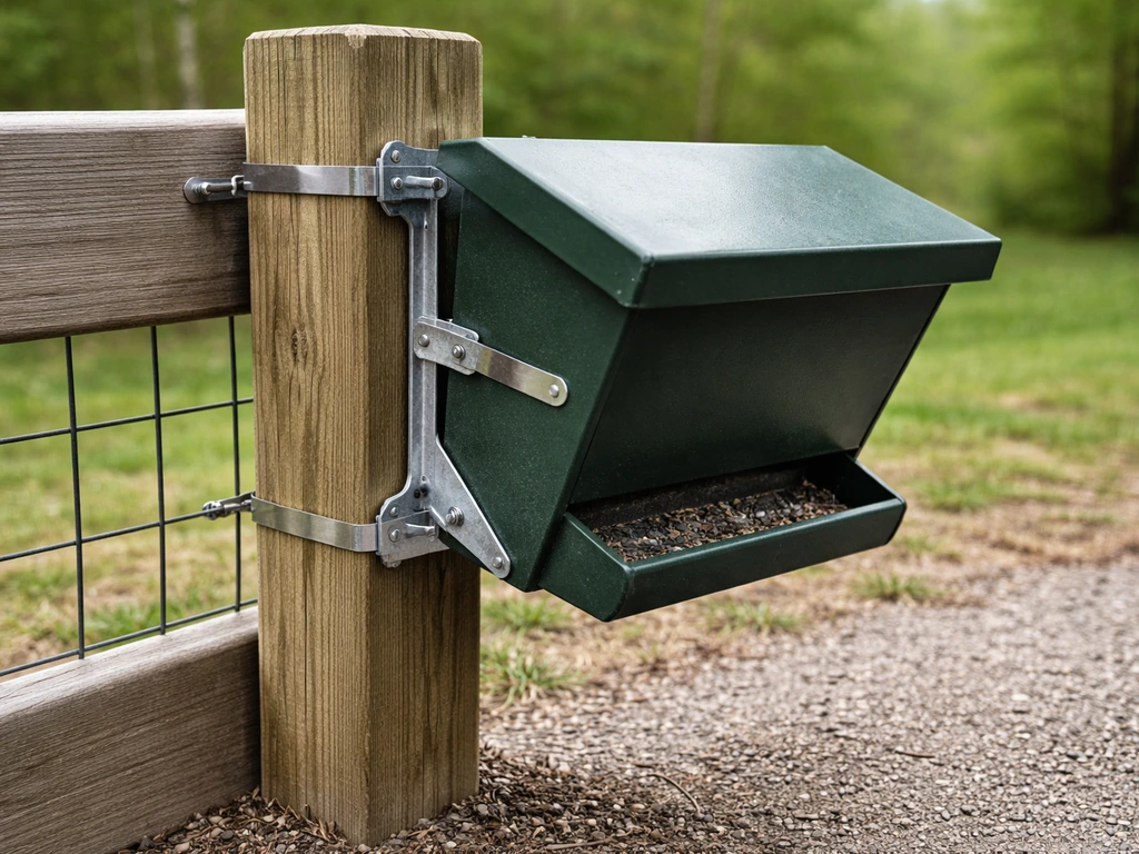 Outdoor feeder firmly clipped to a post with stable braces, shown angled to prevent tipping or spinning.