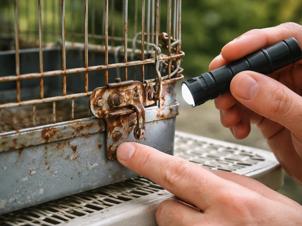 Close-up of a bird cage outdoors with hands inspecting rust, peeling paint, and damaged wire hardware.