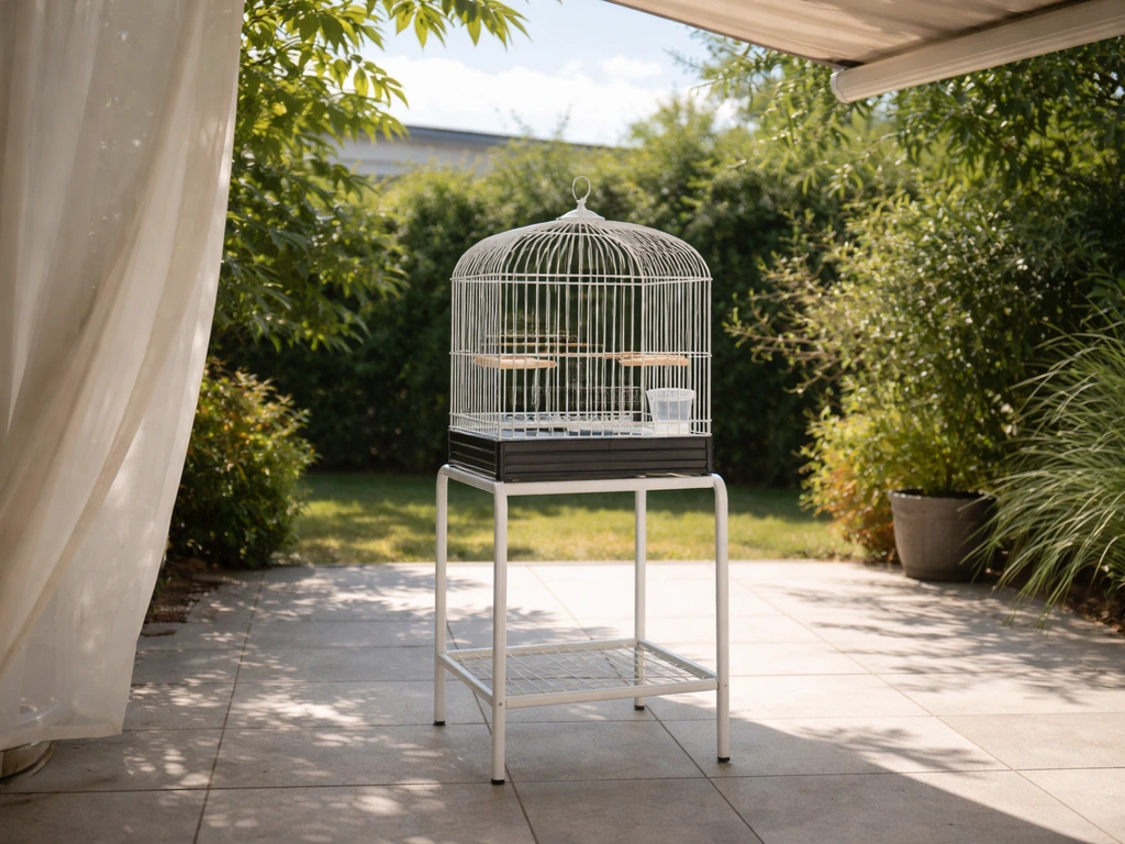 Outdoor bird cage placed under partial shade with airflow, kept out of direct sun and rain.