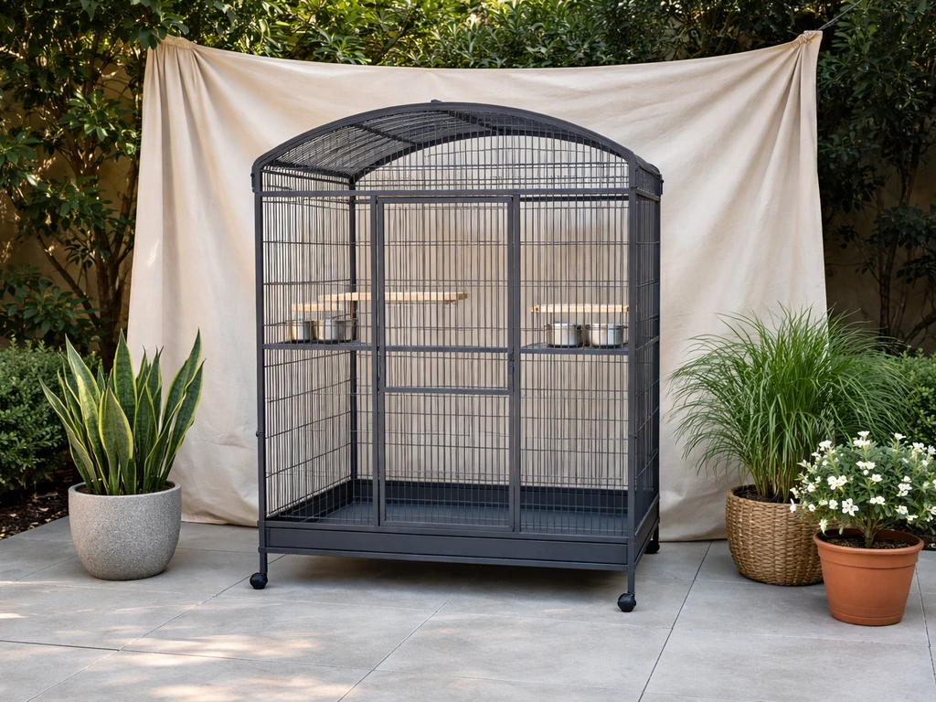 Outdoor bird cage with bird-safe potted plants and a side shade panel placed around it.