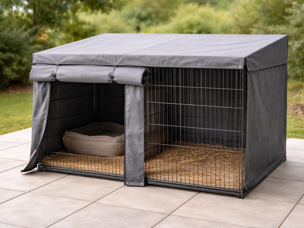 Outdoor animal cage with a weatherproof shelter cover and open airflow sides under a solid shade roof.