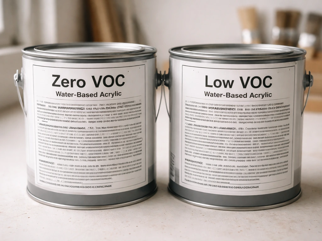 Close-up of paint cans showing clear “low/zero VOC” and “water-based acrylic” safety info labels