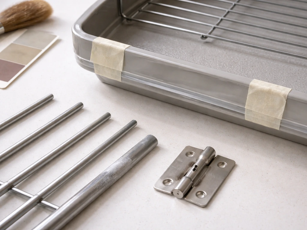 Close-up of bird cage parts: metal bars, a hinge hardware piece, and a plastic tray edge with prep areas.
