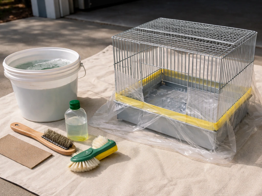 Bird cage on a covered work surface with sandpaper, wire brush, scrub brush, and degreasing bucket nearby.