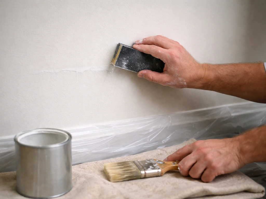 Hand sanding a sagged paint drip on a vertical wall before re-coating in a small area.