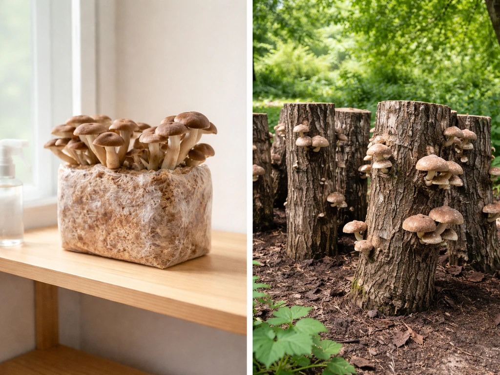 Split image showing an indoor mushroom grow kit on a shelf and outdoor oak logs in a shaded yard