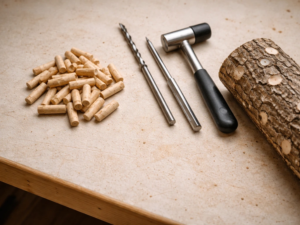 Overhead view of wooden dowel plug spawn being prepped on a workbench with a log nearby.