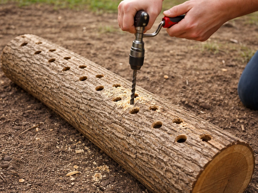 Hand drilling a diamond-pattern row of holes into an oak log with a bit, outdoors with natural light.