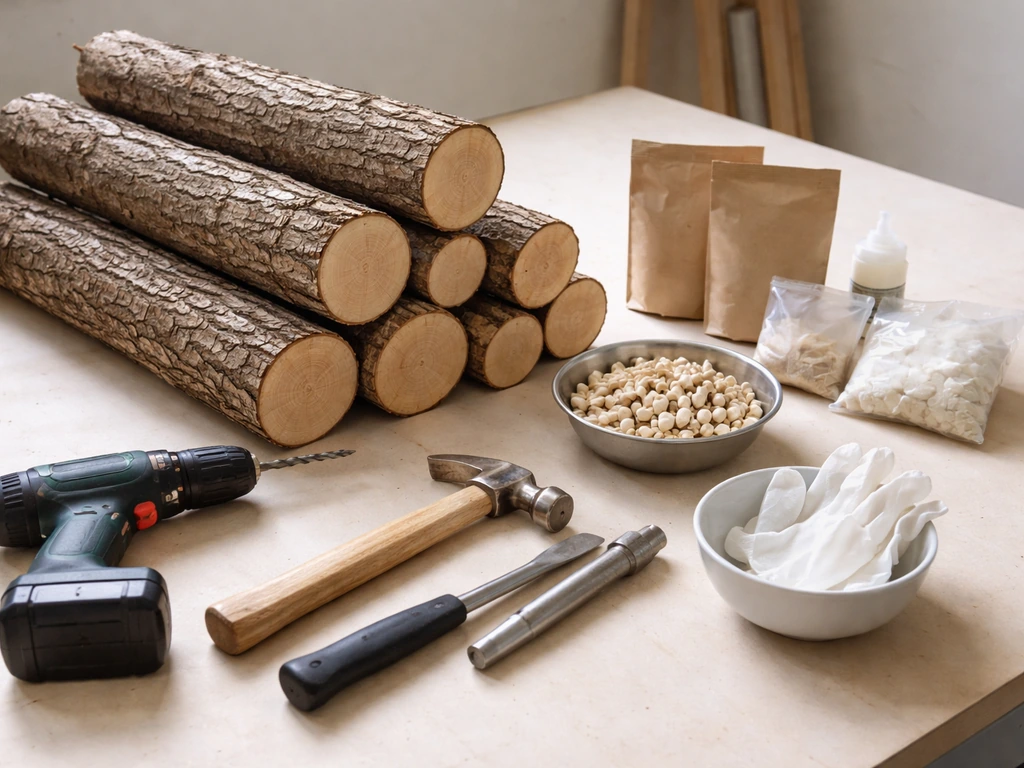 Fresh oak logs and mushroom inoculation supplies laid out on a clean surface.