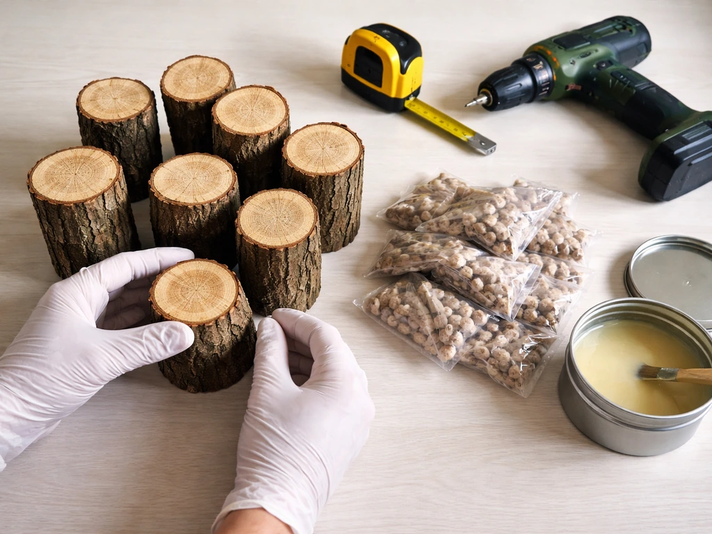 Gloved hands over oak log pieces, mushroom plug spawn packs, drill, tape measure, and food-grade wax.