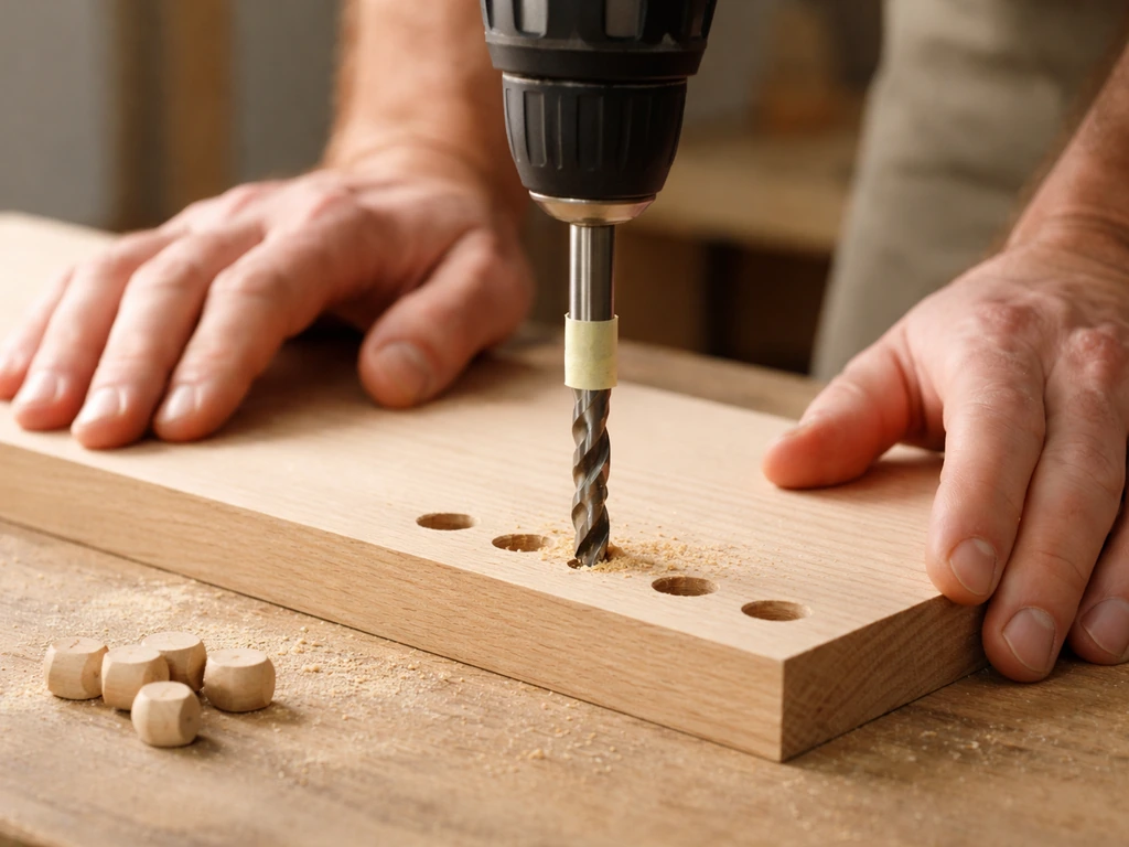 Close-up of hands drilling plug holes into wood with tape-wrapped drill bit for depth.