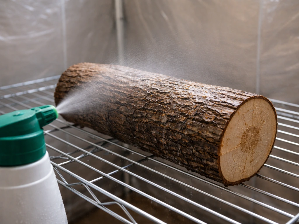 A wood log on a simple shelf being gently misted to keep it damp during mushroom colonization.