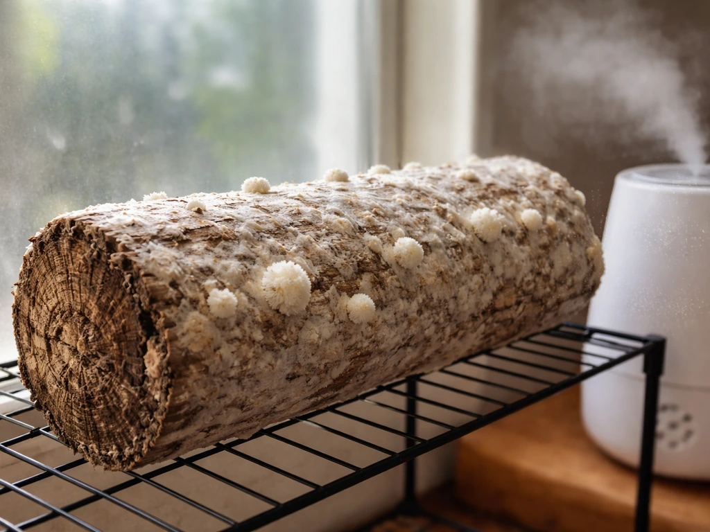 Lion’s mane log in high humidity with small new primordia visible, near gentle humidification and fresh airflow.