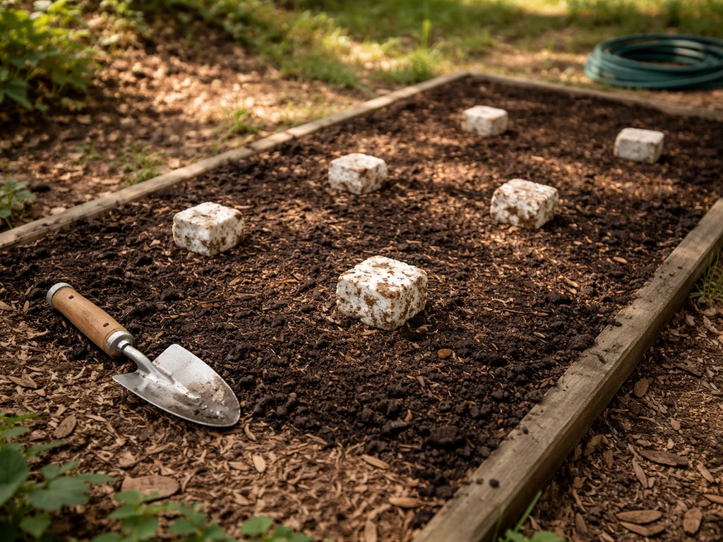 Semi-shaded garden bed with mulch and fine top layer, small spawn pieces and a scale object nearby.