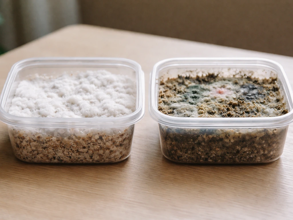 Side-by-side grow containers: white healthy mycelium on one, green/black/pink contamination on the other.