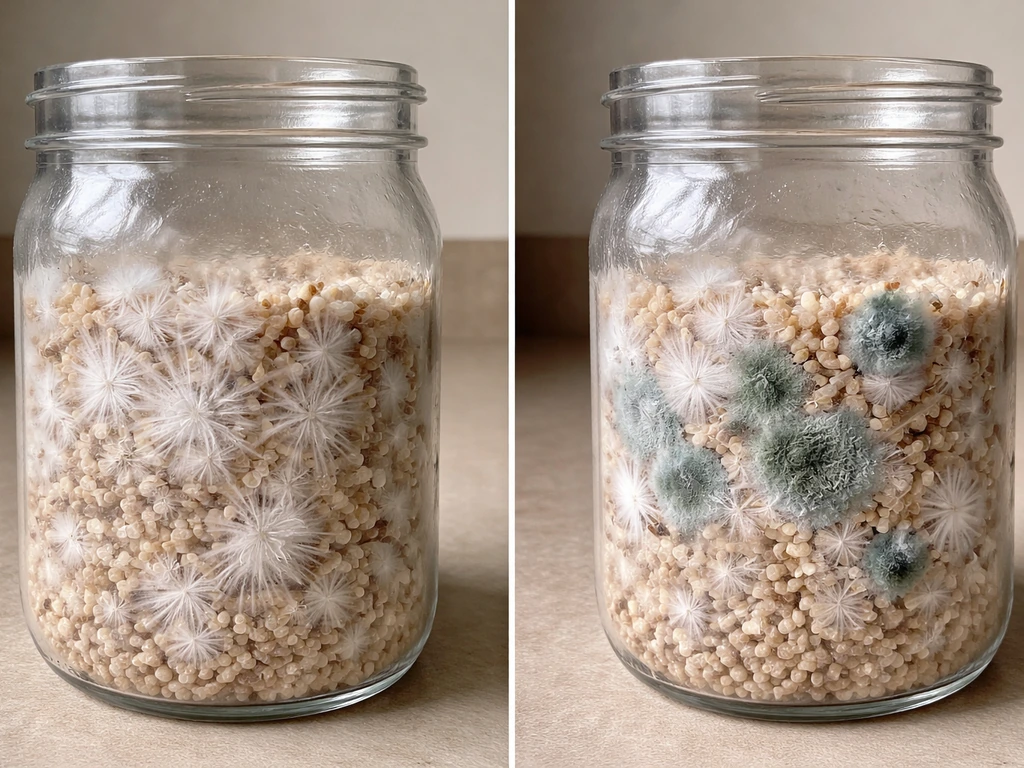 Side-by-side jars showing healthy white mycelium versus early green/blue/black mold patches.