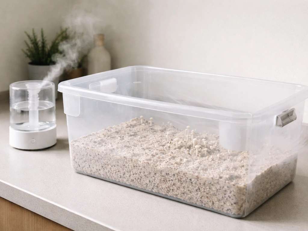 Minimal monotub with misty humidity and passive airflow, showing where mushrooms would fruit