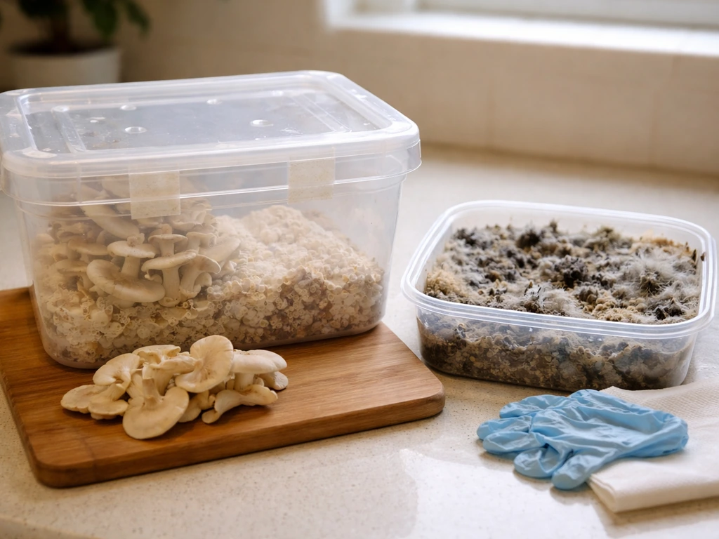 Kitchen countertop showing healthy oyster mushroom setup beside an open container with unsafe unknown mold.