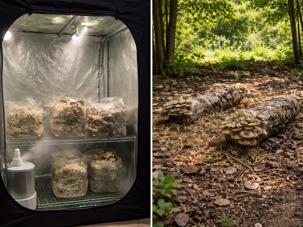 Split image: indoor humidity-controlled grow tent left and shaded outdoor mushroom logs right.