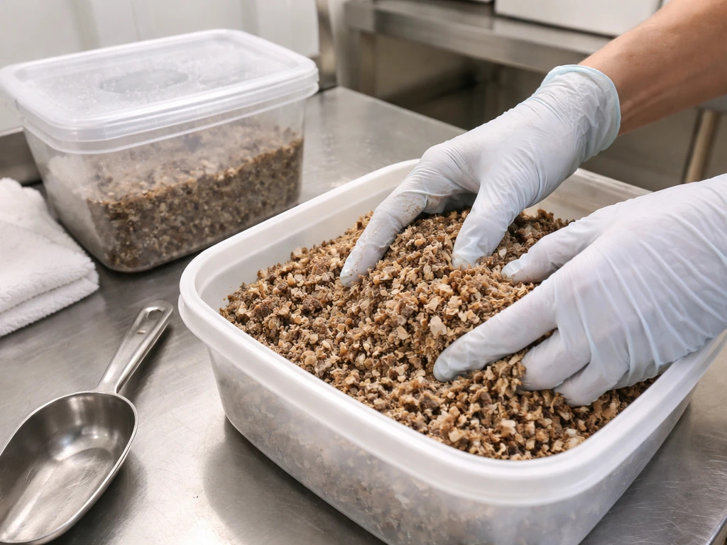 Gloved hands cooling and portioning moist mushroom substrate into clean containers with hygiene tools nearby.