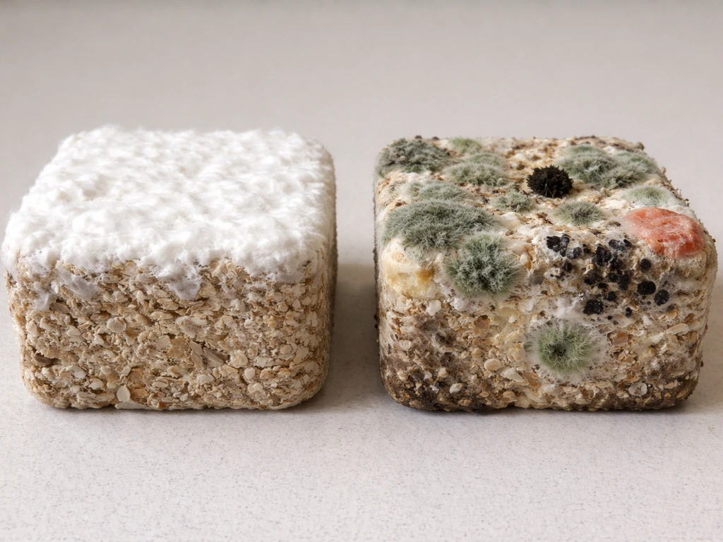 Two substrate blocks side by side: healthy white mycelium versus green, black, and pink mold contamination.