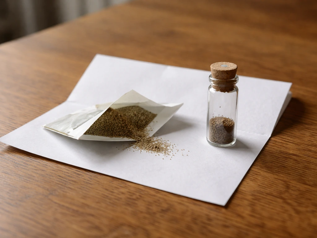 Maidenhair fern spore packet beside a small glass vial with a dusty spore sample.