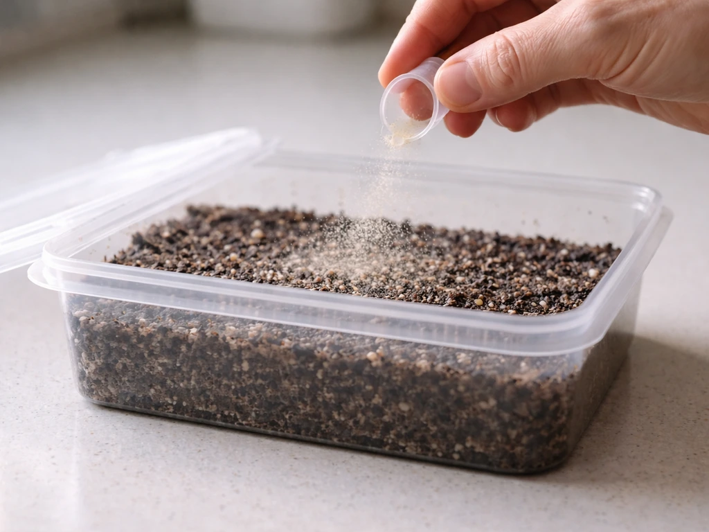 Close-up of spores being sprinkled over moist substrate inside a sealed container on a wiped counter