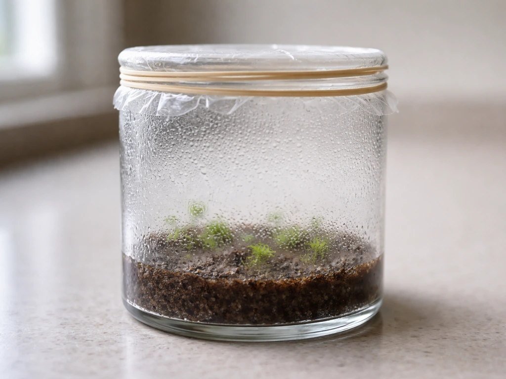 Sealed glass container with lid and plastic wrap, heavy condensation showing near-100% humidity