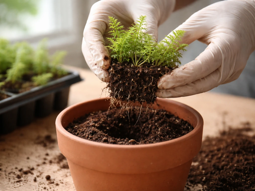 Gloved hands lifting young fern seedlings from a tray and placing them into a small pot.