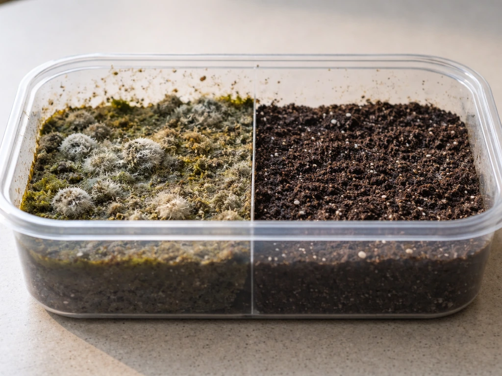 Closeup of a plant growing container with mold/algae on one side and clean medium on the other.