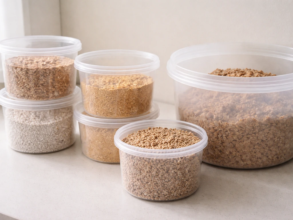 Minimal tabletop setup with containers holding hardwood sawdust, bran, gypsum, and nameko grain spawn plus a mixing tub.