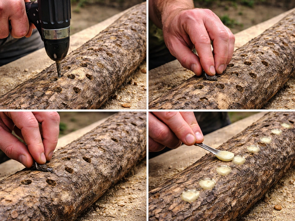 Hands drilling holes in a hardwood log, packing spawn into the holes and sealing with wax.