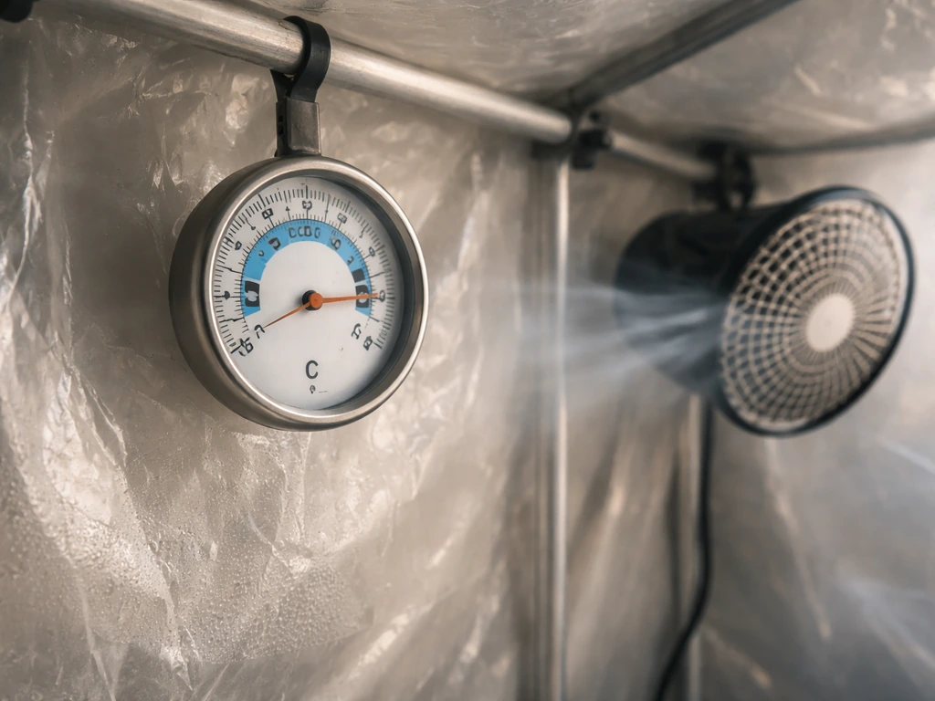 Close-up of a thermometer inside a small mushroom fruiting tent with a cooling fan in the background.