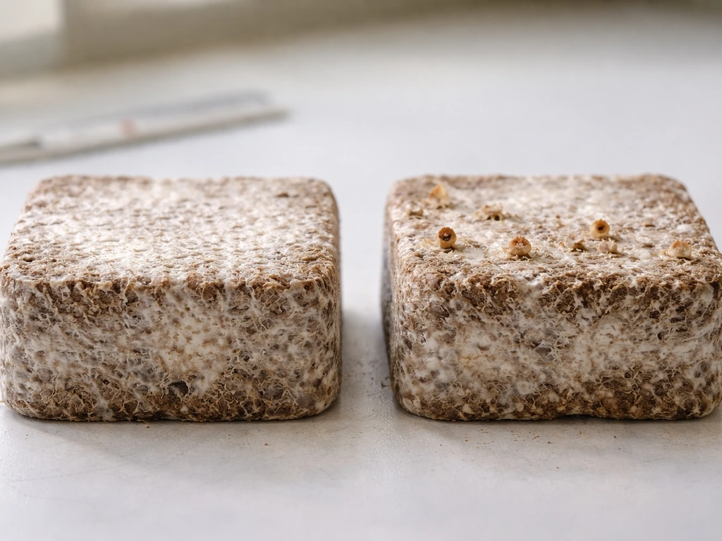 Side-by-side mushroom blocks showing no pins on one and shriveled aborted early pins on the other.